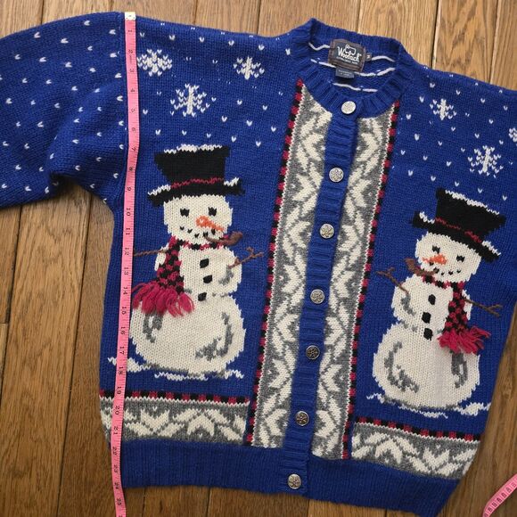 VTG Woolrich Women’s M Handframed Royal Blue Snowman Winter Wool Knit Cardigan - Picture 16 of 16